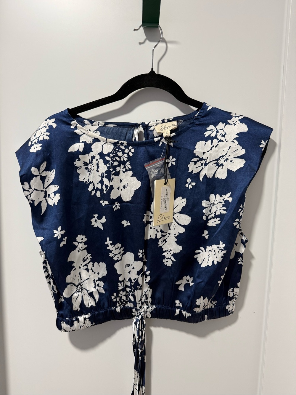 Elan Navy Blue & White Floral Drawstring Crop Top